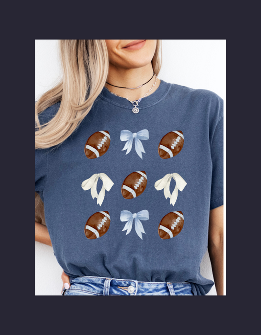 Blue & White Bow Football Tee